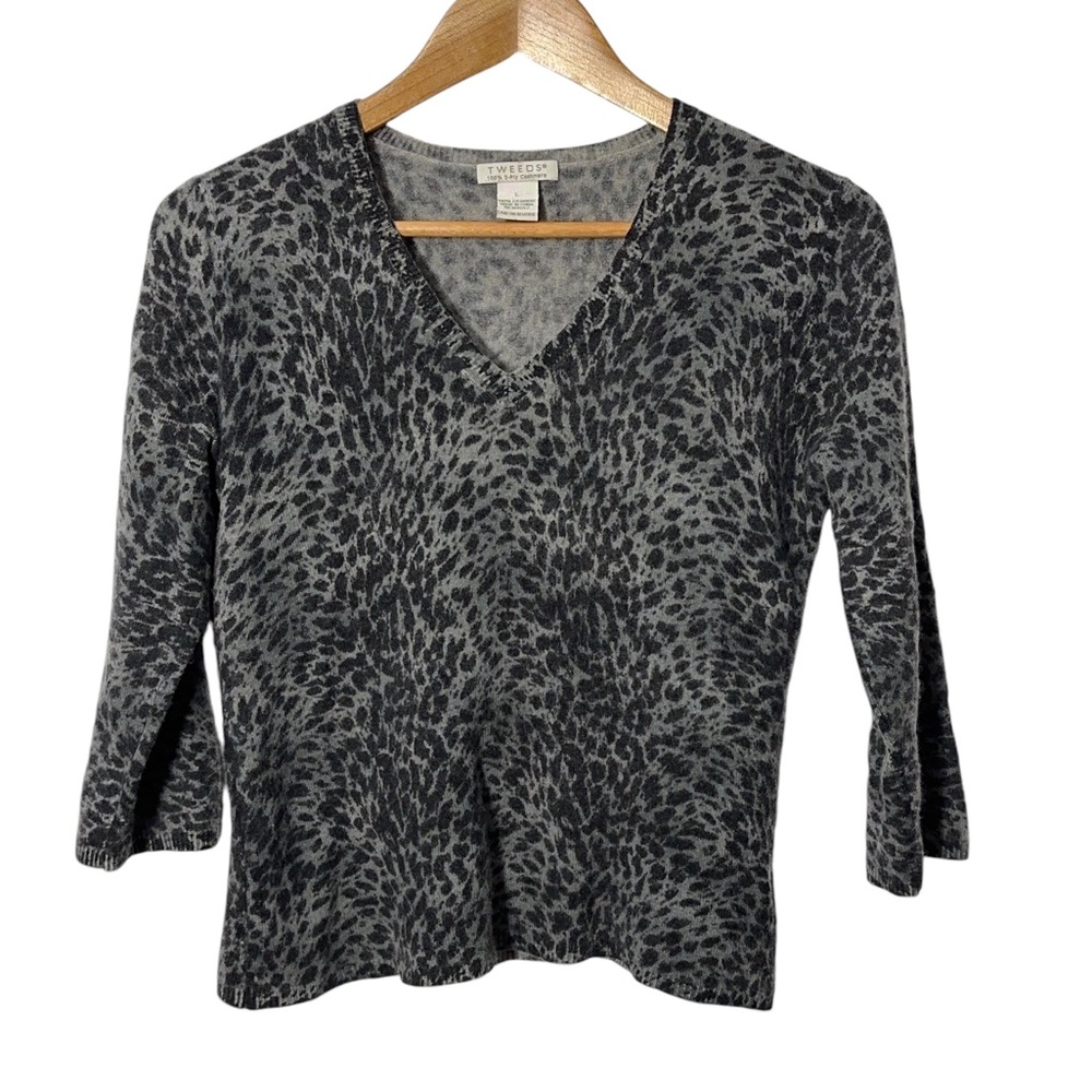 Tweeds Animal Print Cashmere Sweater Size Womens L V Neck Pullover 3/4 Sleeve